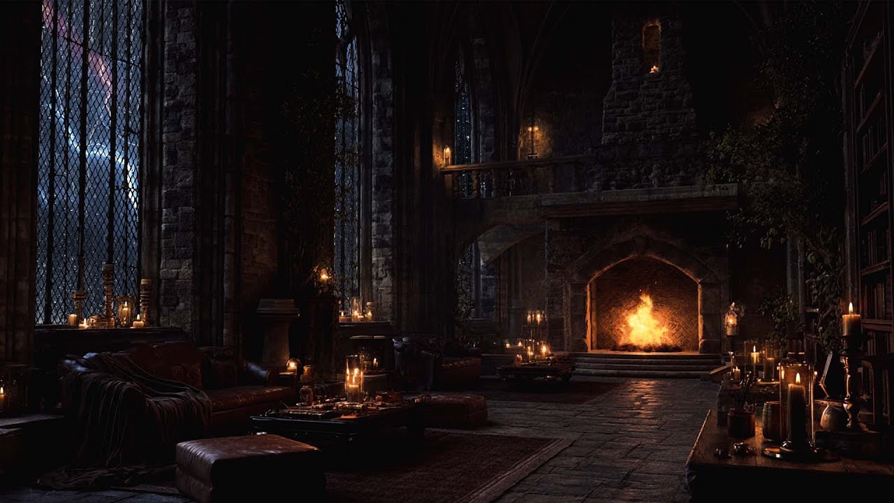 Historic Night Castle Ambience – Rain, Thunder & Crackling Fire Sounds for Deep Sleep