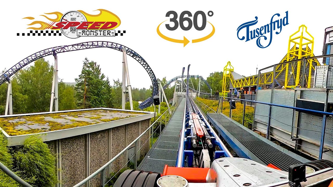 VR 360 Speed Monster Roller Coaster On Ride Front Seat POV TusenFryd Norway 2023 08 09
