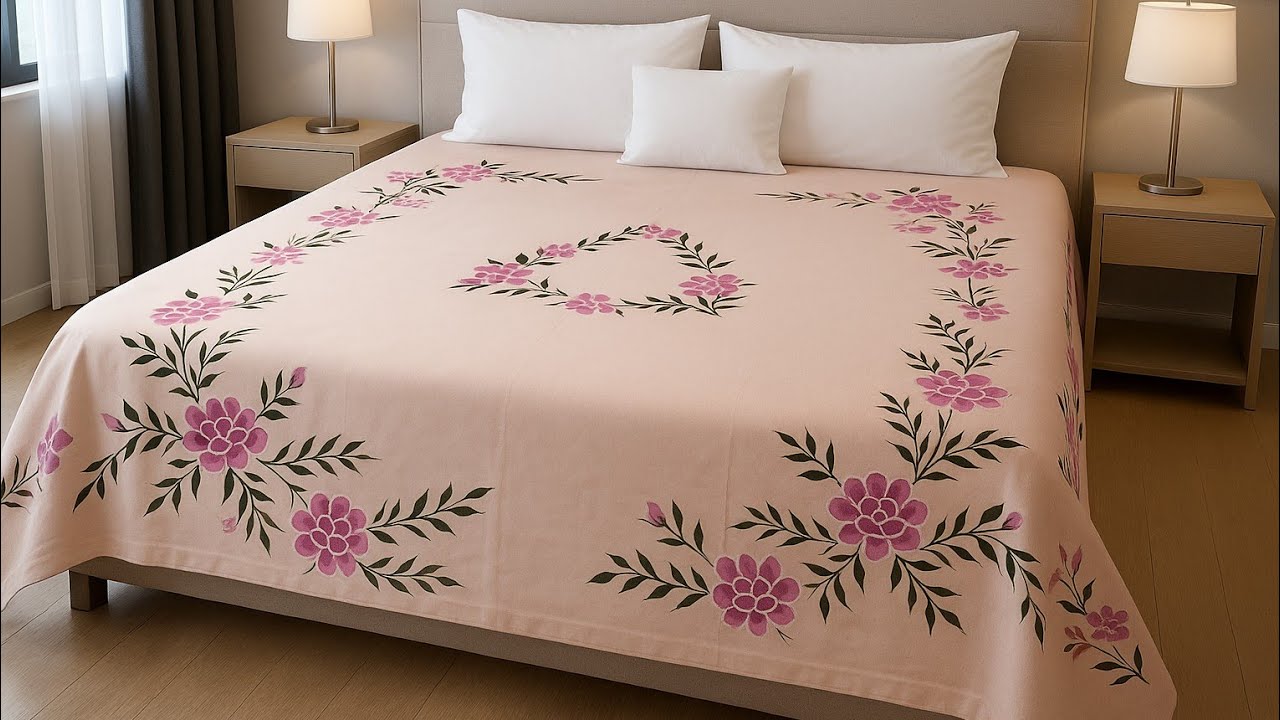 step by step bedsheetpainting tutorial|completed bedsheet handpainting design#fabricpaint#handpented