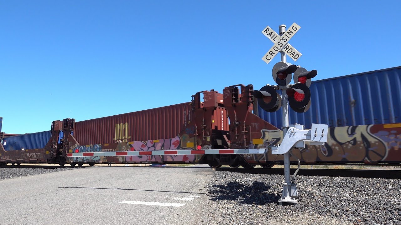 UP 6574 Intermodal Stack Train South, Virginia Rd. Railroad Crossing, Wheatland CA