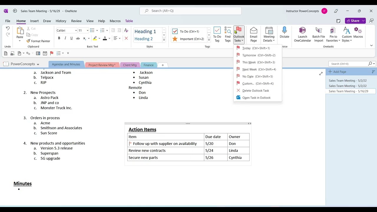 OneNote Action Items become Outlook Tasks