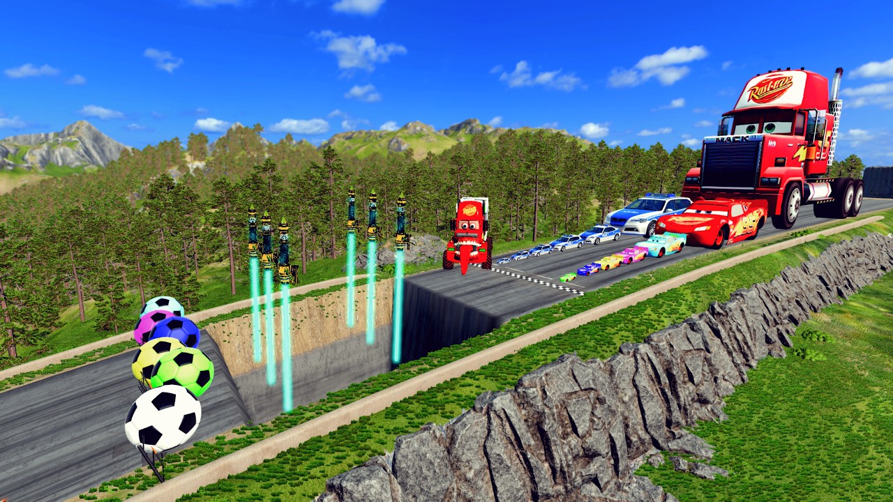 Big & Small McQueen & Police Car vs Zombie Mack, Giant Bridge & Laser Light BeamNG.drive