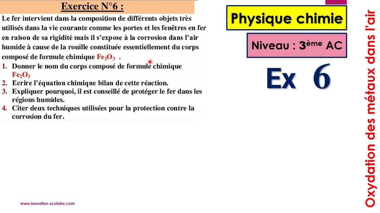 Oxydation des métaux dans l'air -Physique 3AC Exercice corrigé 6 Série 1