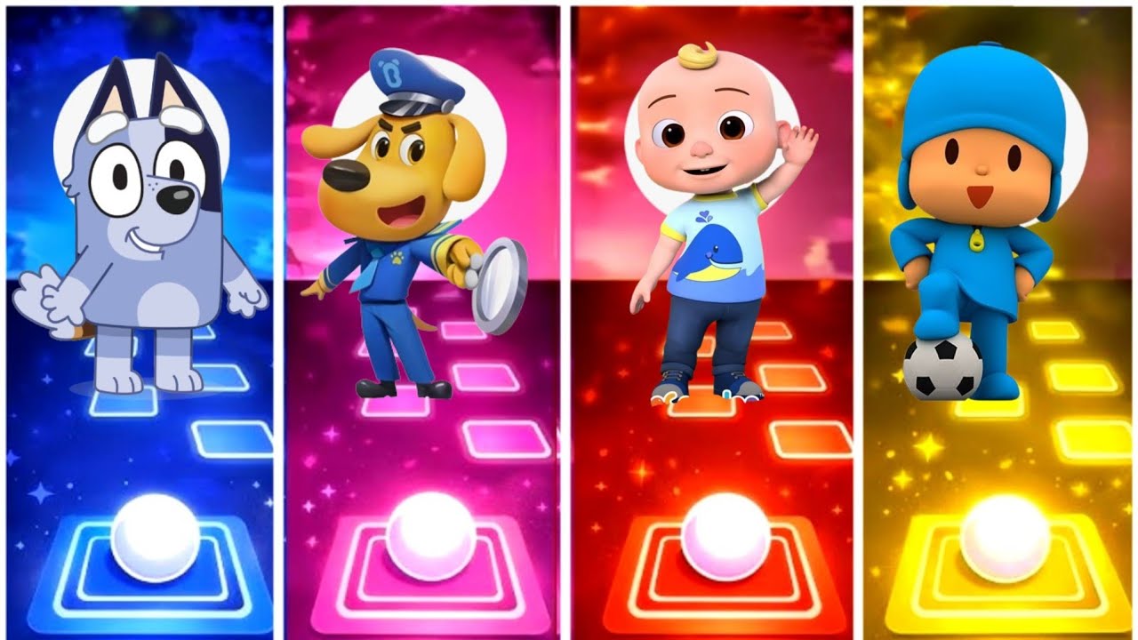  Bluey and Bingo vs sheriff labrador vs Cocomelon vs Pocoyo.Tiles hope edm rush game.