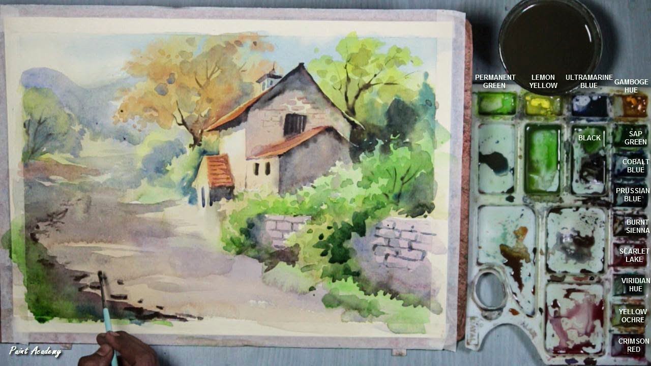 Watercolor House Landscape Painting step by step
