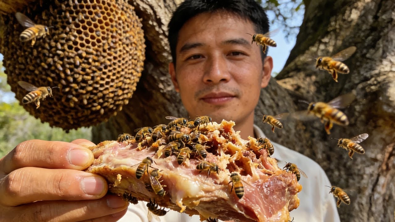 小成哥用出秘密武器，一块肉轻松拿下虎头蜂巢，这就是贪吃的后果【蜂狂小成哥】