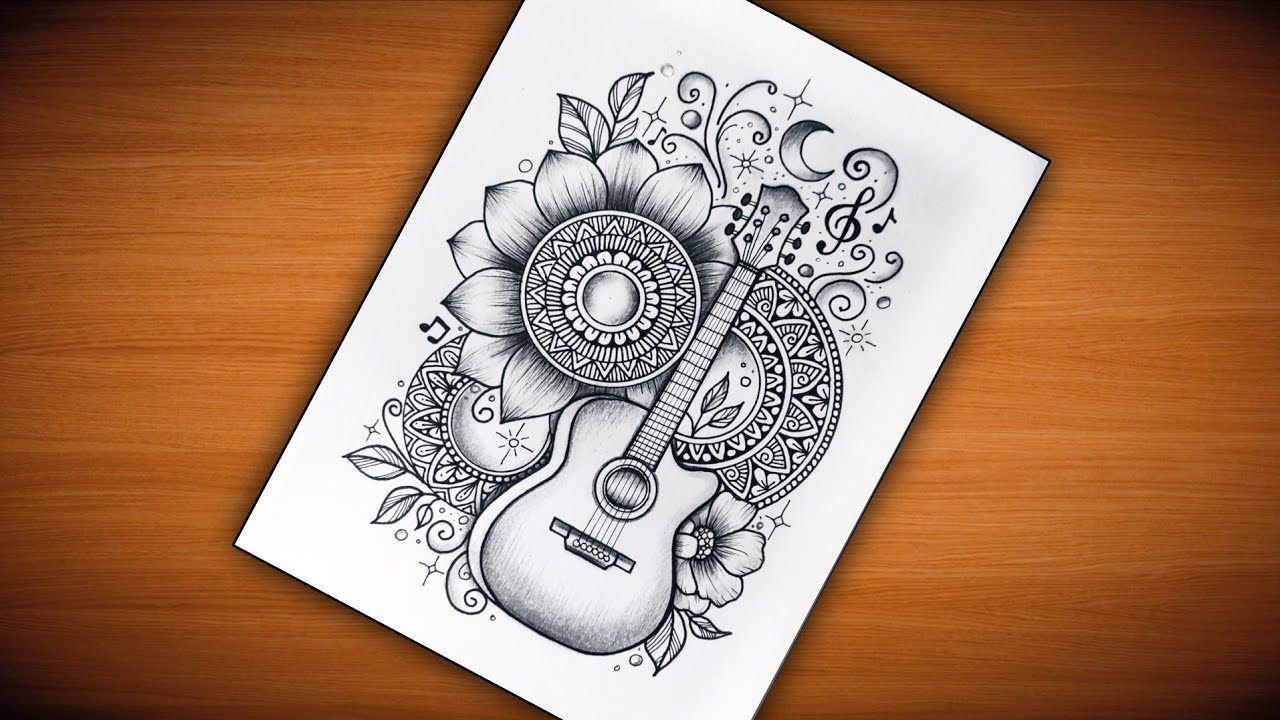 Guitar Mandala Art/Guitar Drawing/How to Draw Guitar with Mandala Art/Floral Mandala Art/Music Note