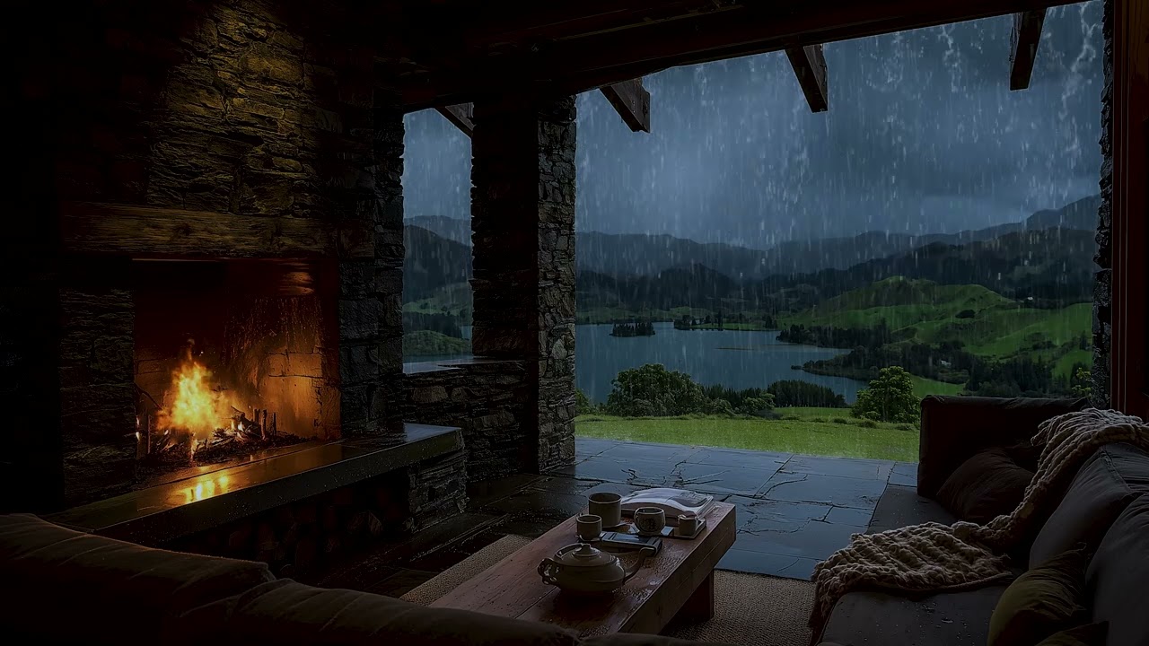 Heavy Rain Outside a Mountain Cabin 🌧️| Warm Fireplace Sounds for Sleep and Calm