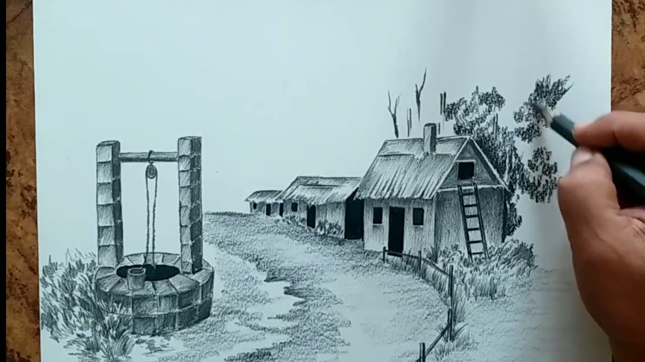 village scenery drawing with pencil shading | village drawing Scenery