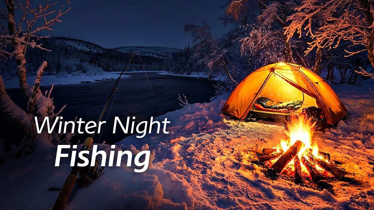 Winter Night Camping & Fishing | River Sounds, Wind & Owls (1 Hour)