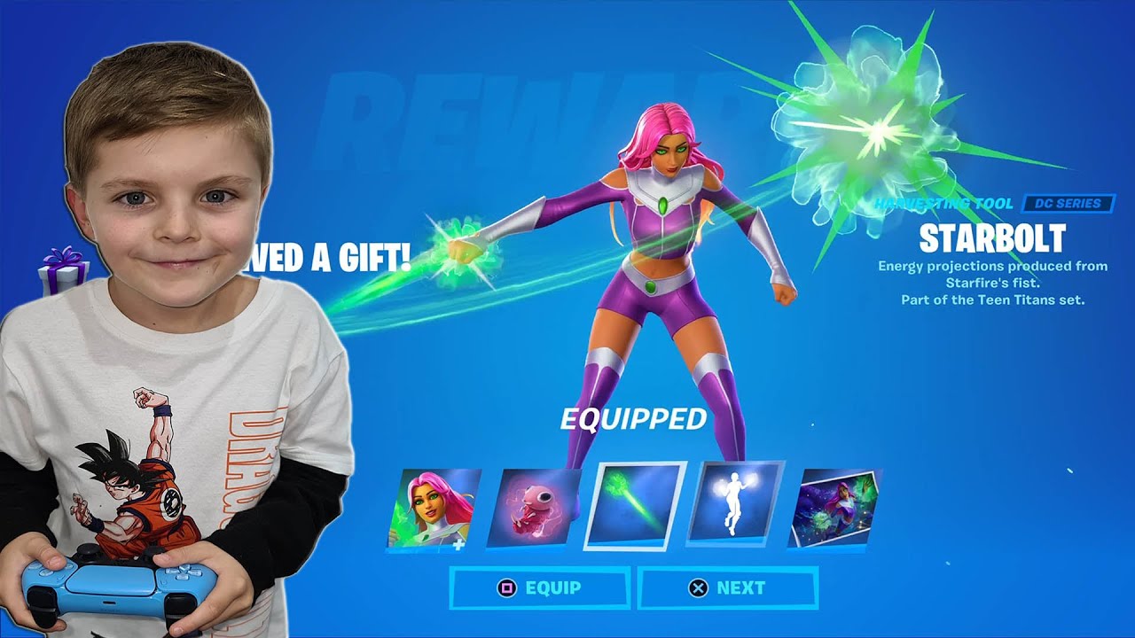 GIFTING My 8 Year Old Kid NEW Dc STARFIRE Fortnite Skin Bundle. Unlocking NEW Fortnite Skin STARFIRE