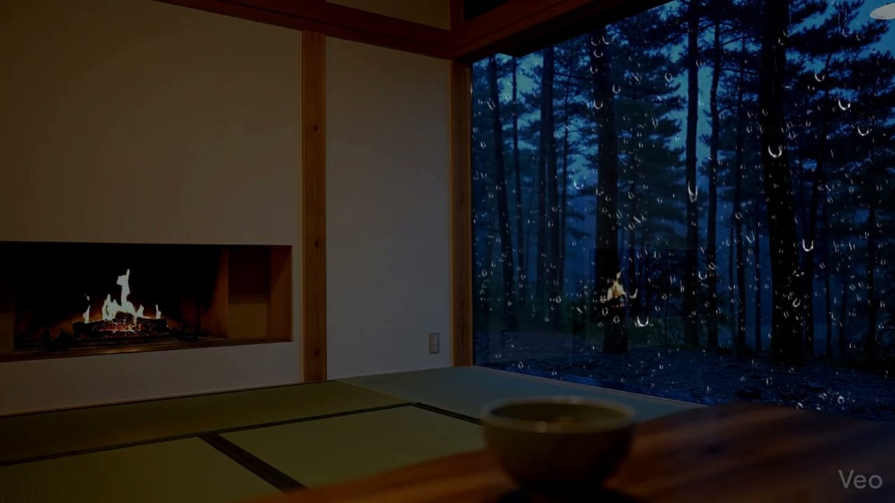 Cozy Minimalist Bedroom - Fireplace & Rain Against Windows for Deep Sleep & Relaxation