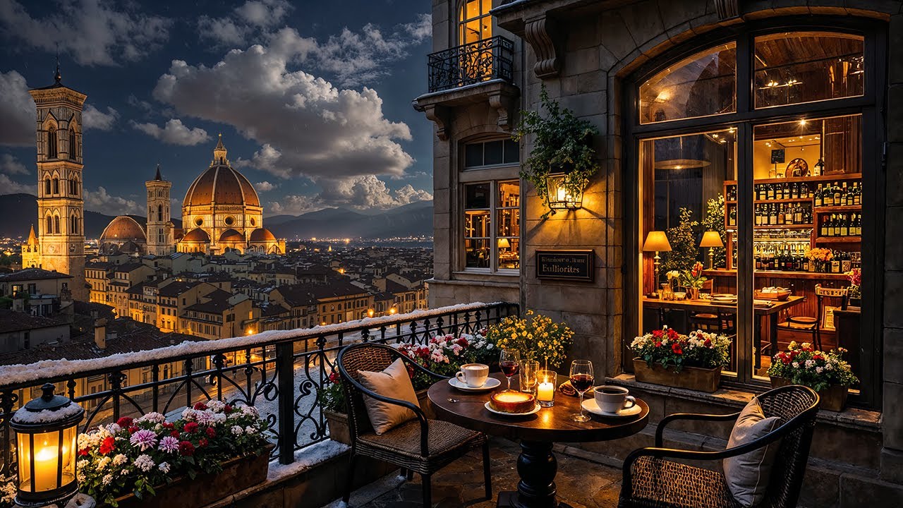 Winter Night Café Jazz ☕ Cozy Italian Balcony Ambience & Relaxing Jazz Instrumental for Calm Focus