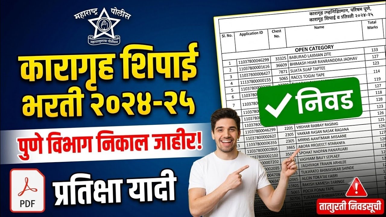 Pune कारागृह शिपाई भरती तात्पुरती निवडसूची जाहीर! 💥 Pune Prison Constable Result 2024-25 |