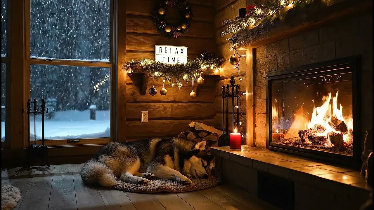 Relax Time 🔥 Cozy Fireplace & Sleeping Husky | Cinematic Winter Ambience