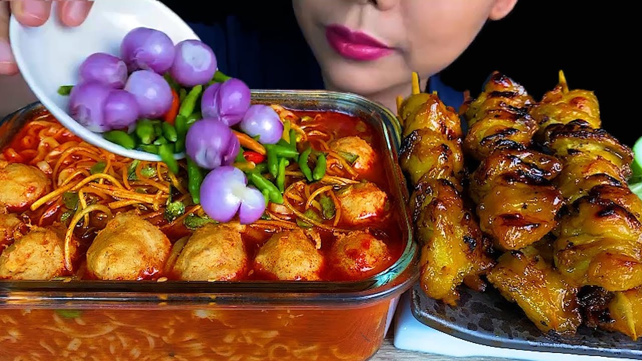 SPICY CHICKEN NOODLES, MEAT BALL, BBQ CHICKEN DIAMOND