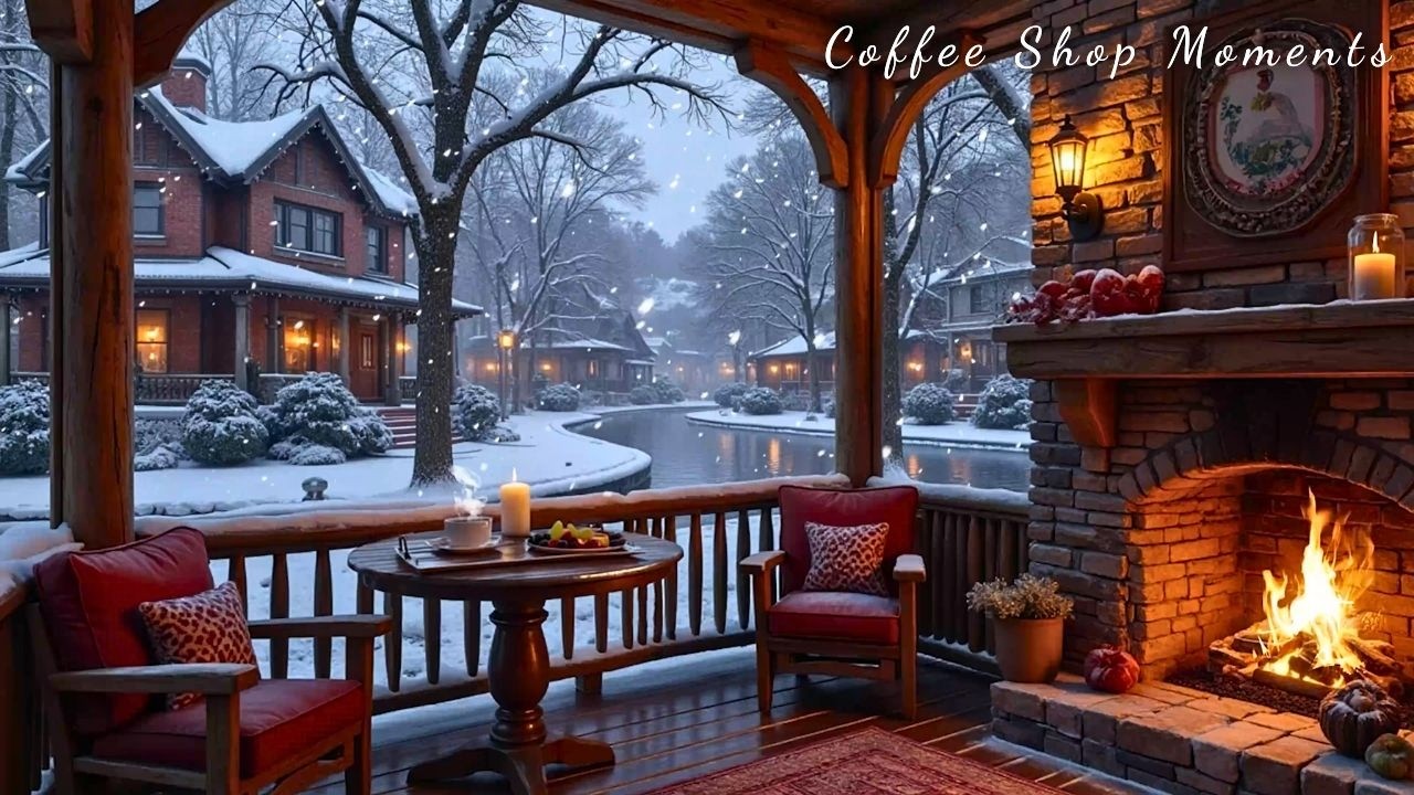 Уютная зимняя кофейня ❄️ Нежная джазовая фортепианная музыка и камин создают атмосферу для учёбы.