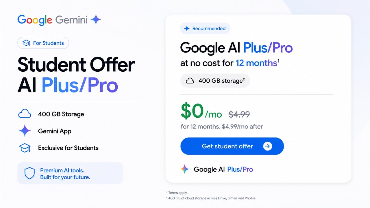 Студенческое предложение Google Gemini 2026 | Получите Google AI Plus БЕСПЛАТНО на 12 месяцев!
