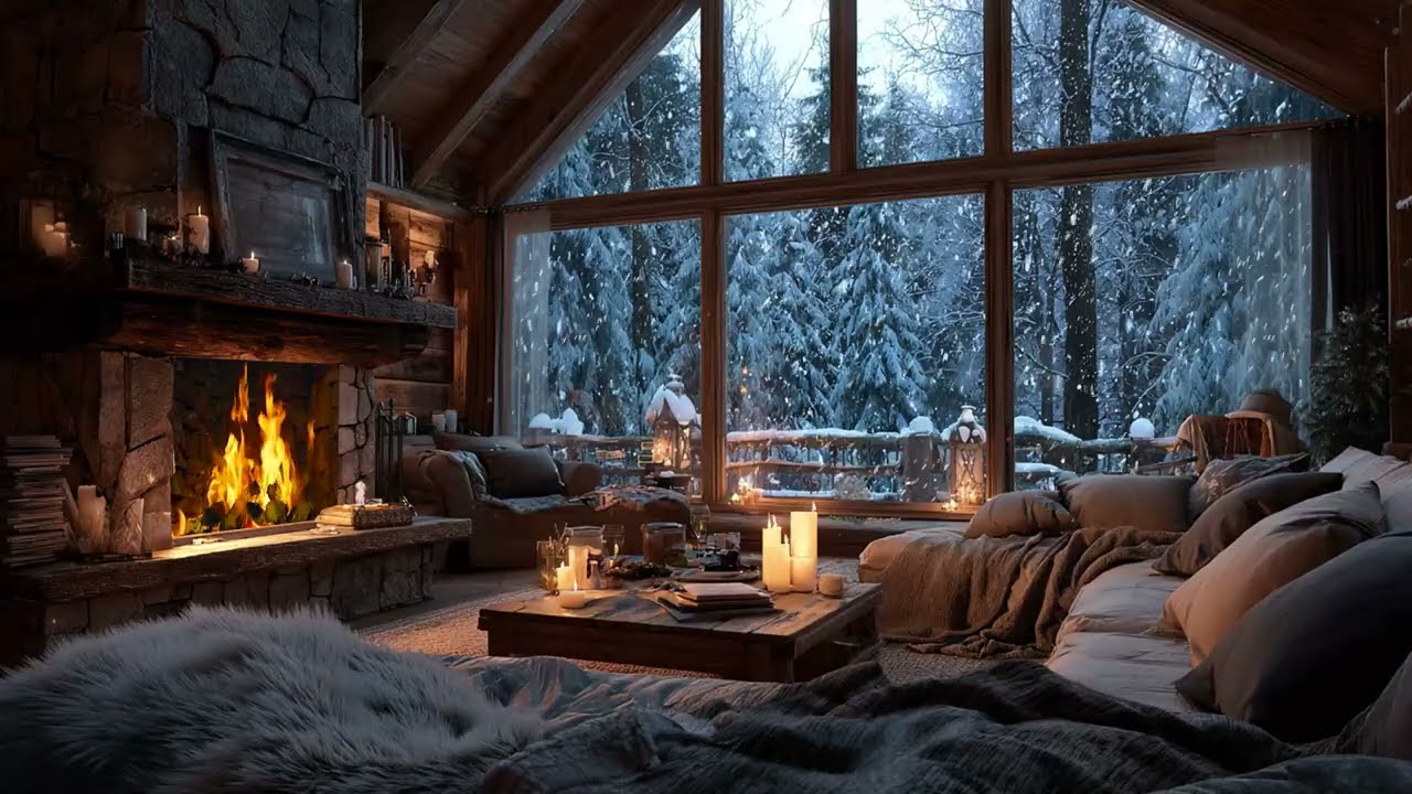 Peaceful Winter Day Ambience - Gentle Snowfall and Small Crackling Fireplace for Reading