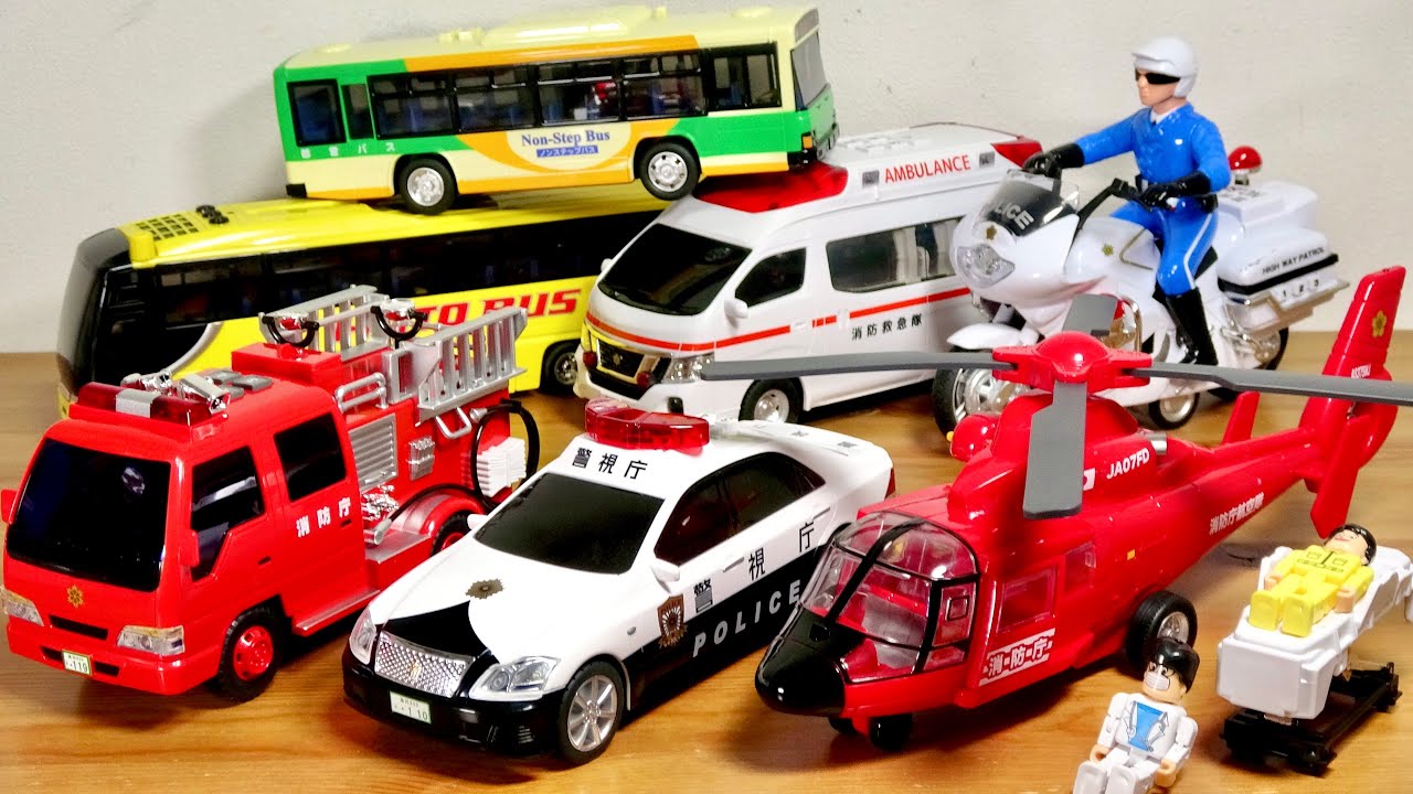 リアルな音とライトが光るはたらくくるまシリーズ！サウンド&ライト クラウンパトカー・ポンプ消防車・ハイメディック救急車・消防ヘリ・都営バス・白バイ ポリスバイク・はとバス