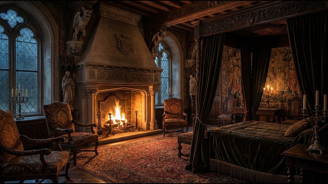 Midnight Gothic Bedroom Ambience | Rain & Fire Sounds for Insomnia