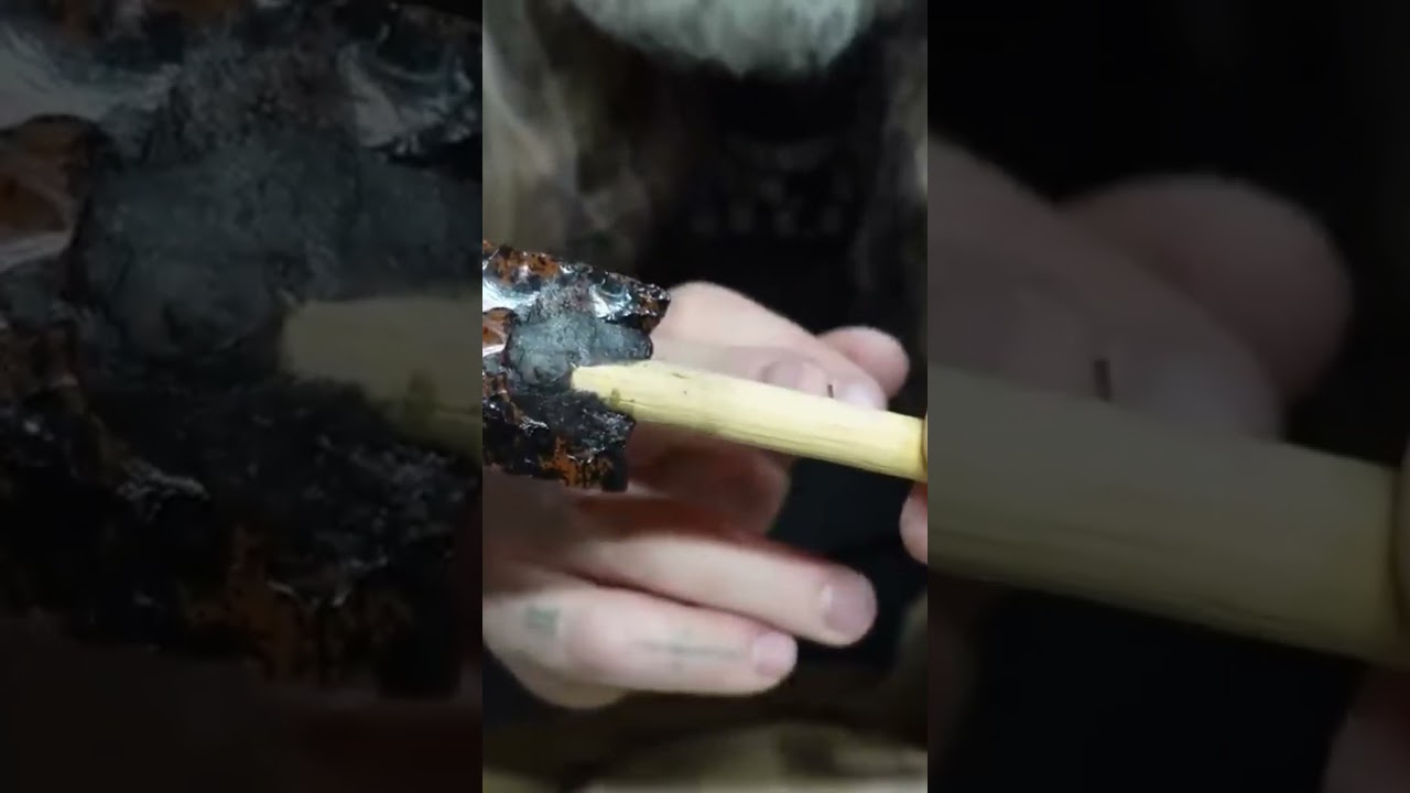 Glue A OBSIDIAN Spear Head Into ATLATL Foreshaft #survival #obsidian #stoneage #flintknapping