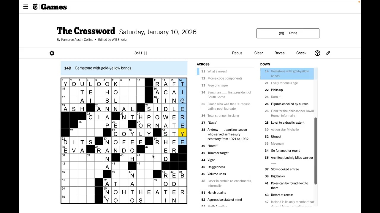 NYT Crossword Solve - Saturday Jan 10 2026