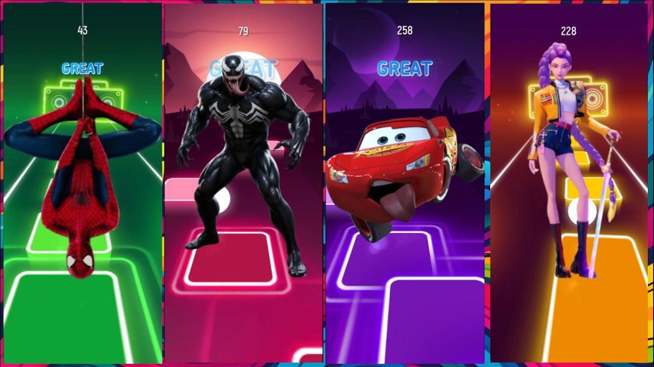 SPIDERMAN🆚VENOM🆚MCQUEEN🆚K-POP DEMON HUNTERS| ULTIMATE TILES HOP BATTLE🎶🔥