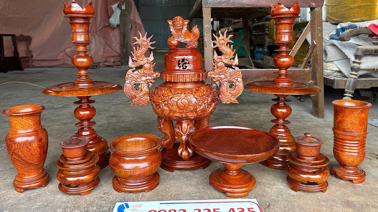 Bộ Lư Thờ Bằng Gỗ 9 Món Cao 60cm