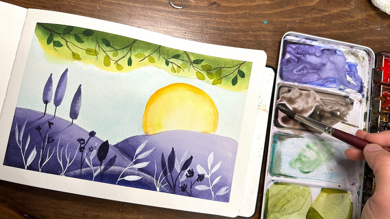 Watercolor Journal Day 38 (Whimsical Folk Inspired landscape)