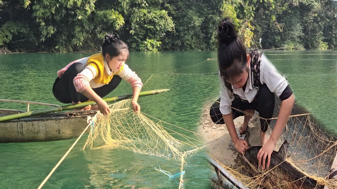 The girl cast a net on the water to spend the night.caught many large fish to sell.life on the lake 