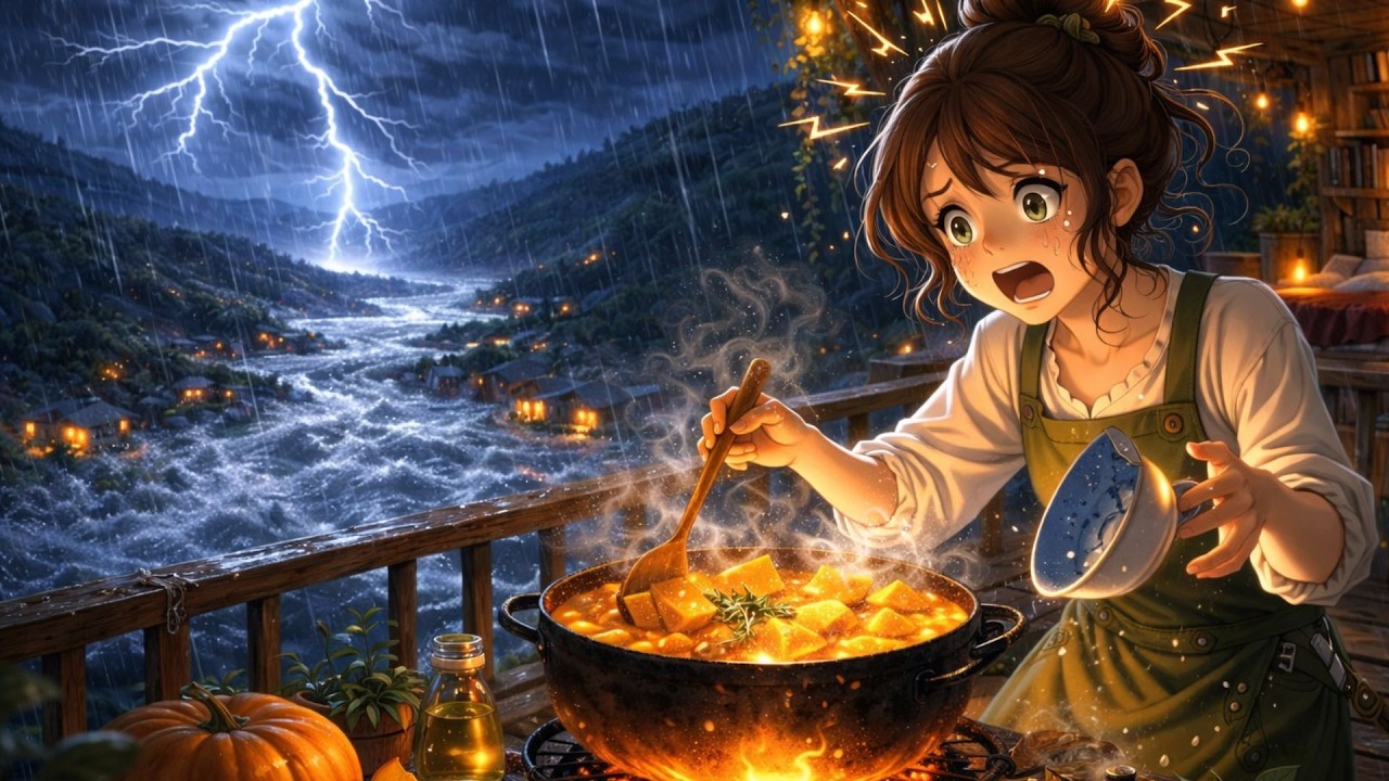 Stormy Night in My Treehouse | Warm Pumpkin Porridge in Ghibli Style & Ghibli Alone