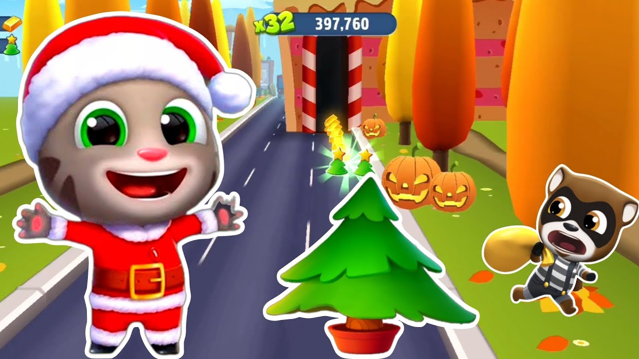 Talking Tom Gold Run Halloween - Christmas Tom vs Raccoon In Candy World - Android iOS