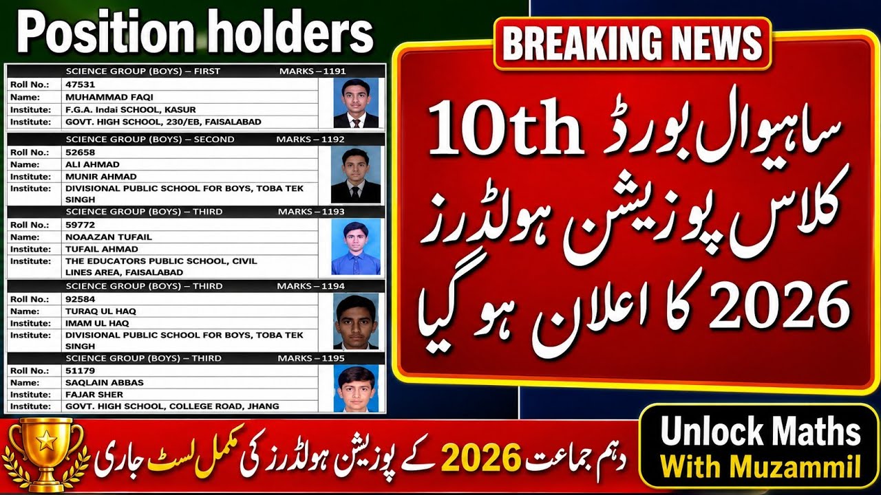 10th Class Top Position Holders 2026 | Sahiwal Board Matric Result Merit List & Topper Names