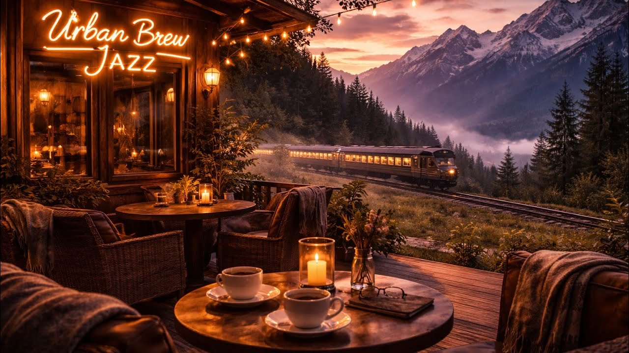 Sunset Mountain Jazz Café ☕ Smooth Piano Ambience with Scenic Train View for Relaxation & Study
