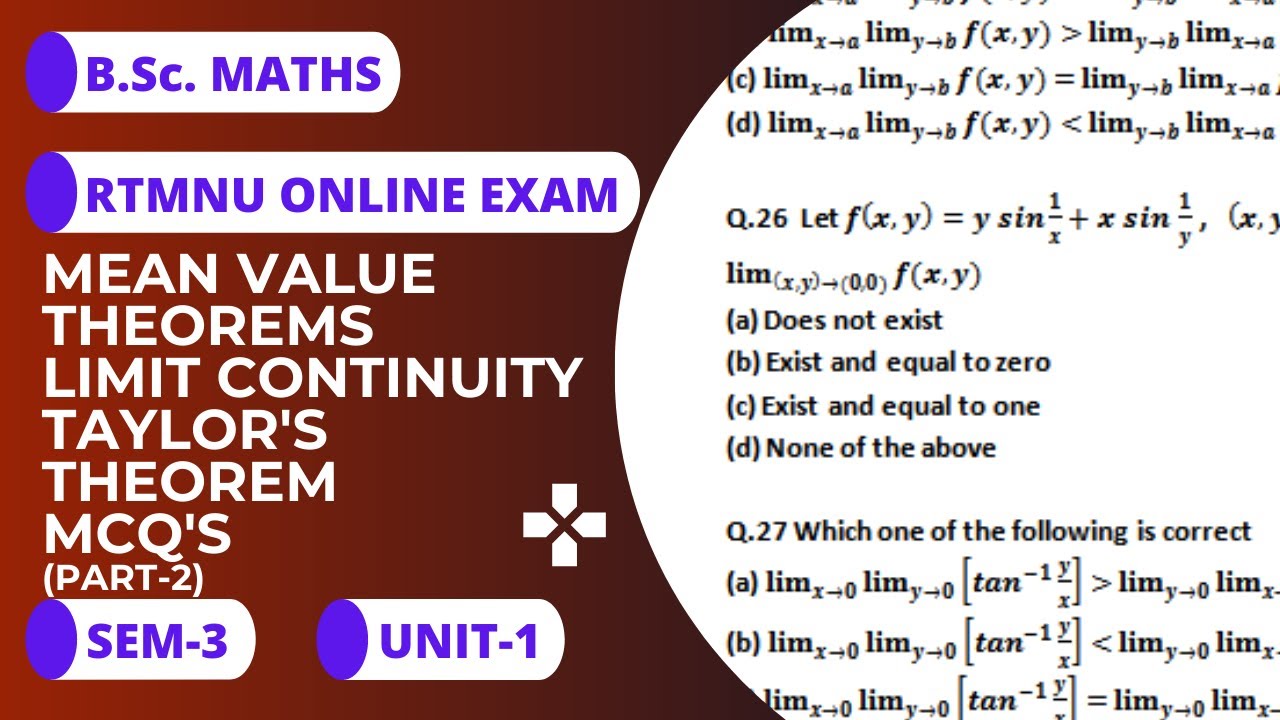 Mean value theorems, limits, continuity,Taylor's theorem mcq's for B.Sc.| Part-2|RTMNU | B.Sc. Maths