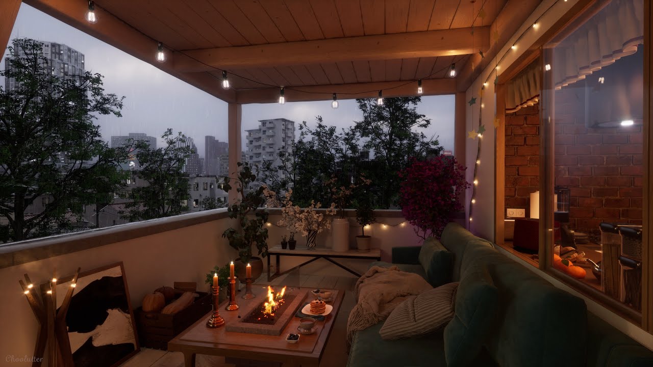 Cozy Balcony Ambience On A Calm, Rainy Spring Day | Rain, Crackling Fire, Cricket Sounds