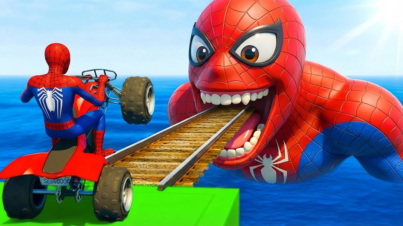 سبايدر مان اصعب دراجة نارية فوق اسماك القرش - Superheroes Ride on Motorcycle Stunt Funny Moments???
