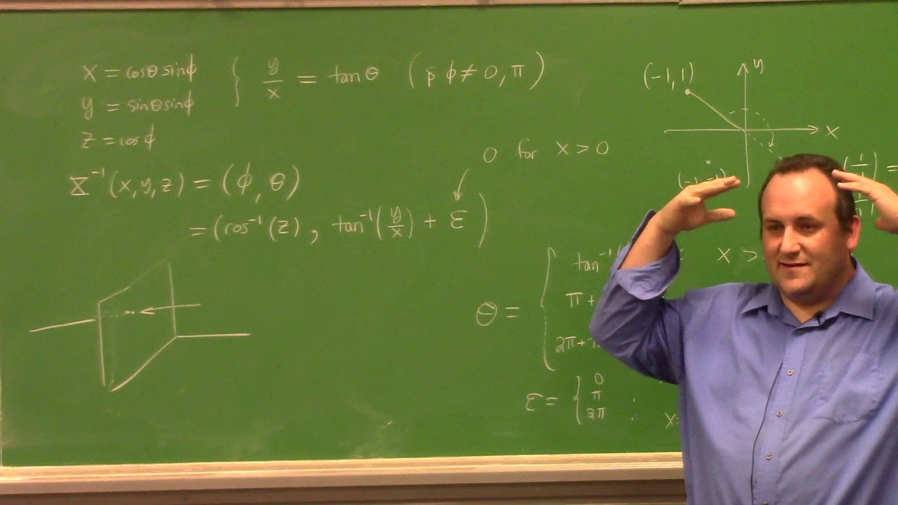 Differential Geometry: example of atlas on sphere, cone not a surface, 2-17-21 part 4