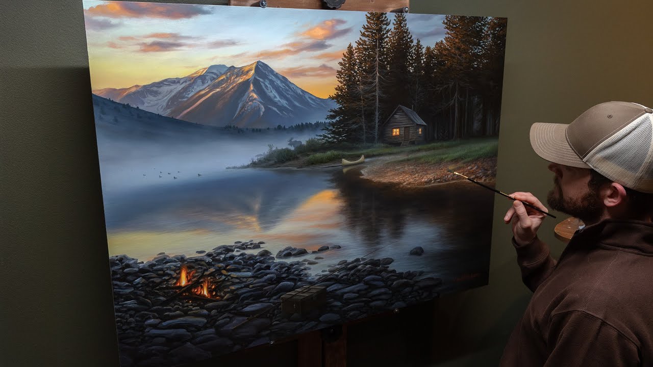 Mountain Lake Cabin Oil Painting - Campfire, Fishing, Canoeing and Wildlife