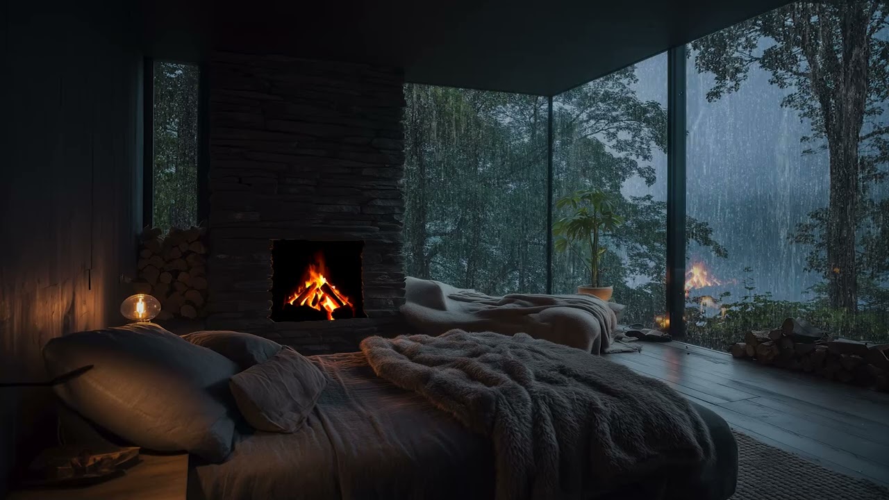 Heavy Rain Outside & Warm Fireplace | Cozy Glass Cabin Bedroom for Falling Asleep Fast