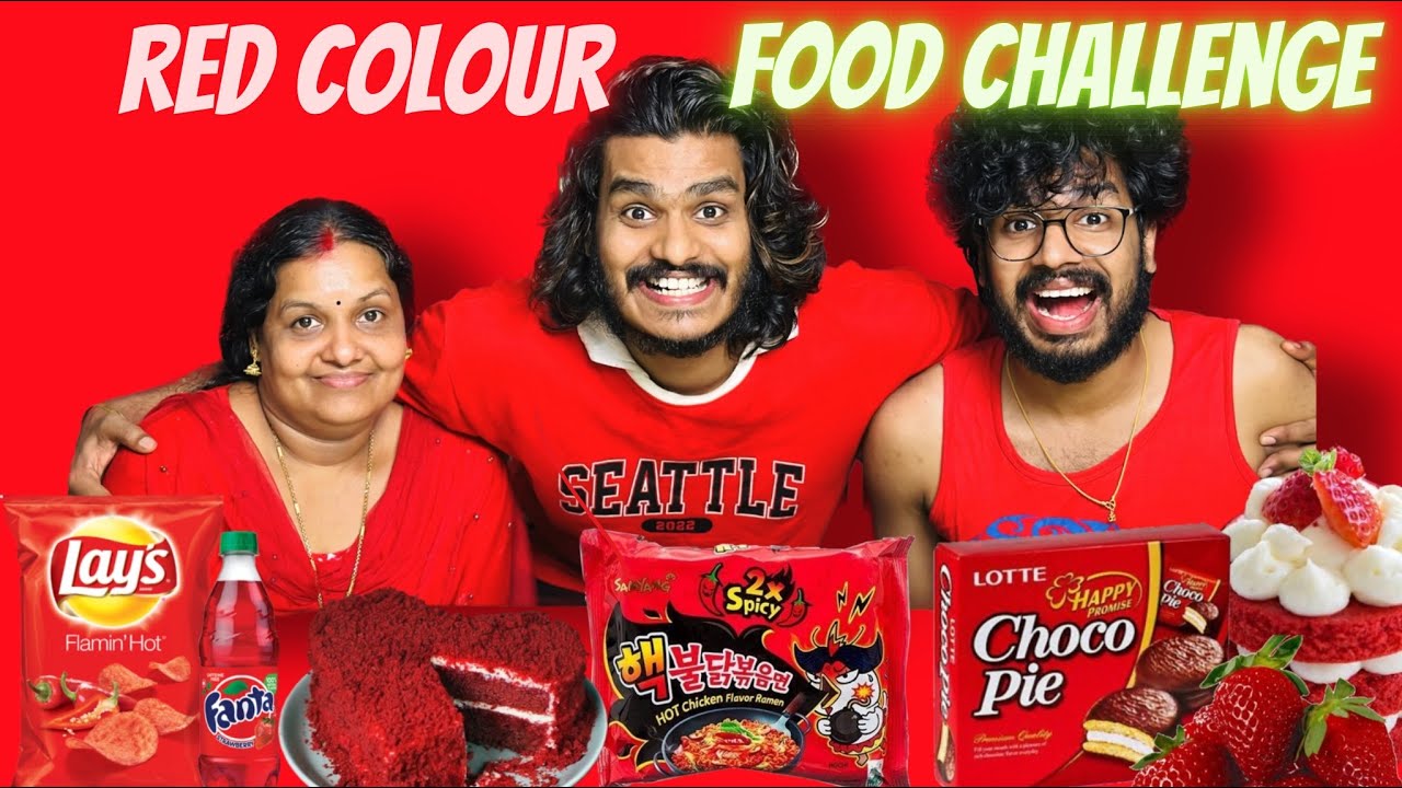 24 hours red colour food eating challenge 🤩