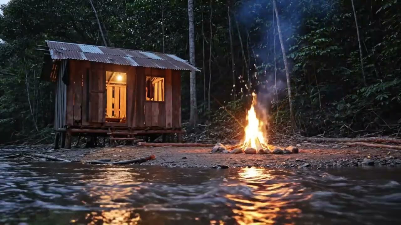 🌲 Forest River Night 🌊 Campfire Sounds & Soft Piano  Cozy Cabin Sleep Ambience