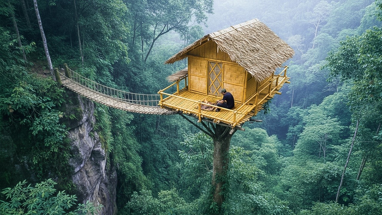 Buidling Bamboo House on the topTree during the heavy rain, Cooking / From Start To Finish