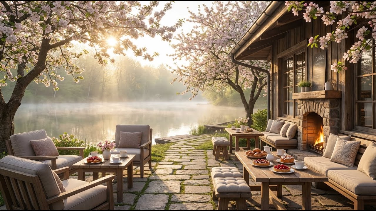 Peaceful Spring Morning at a Cozy Outdoor Coffee Shop with Smooth Jazz Piano for Study