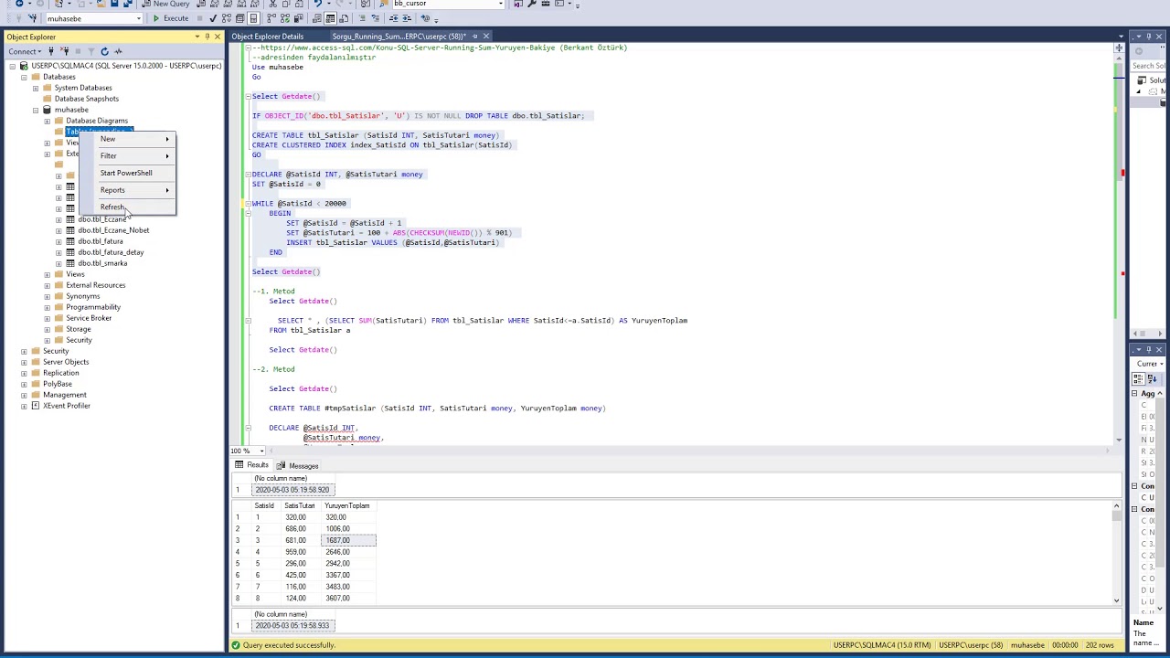 Muhasebe Yürüyen Toplam Örneği - SQL Server - Running SUM