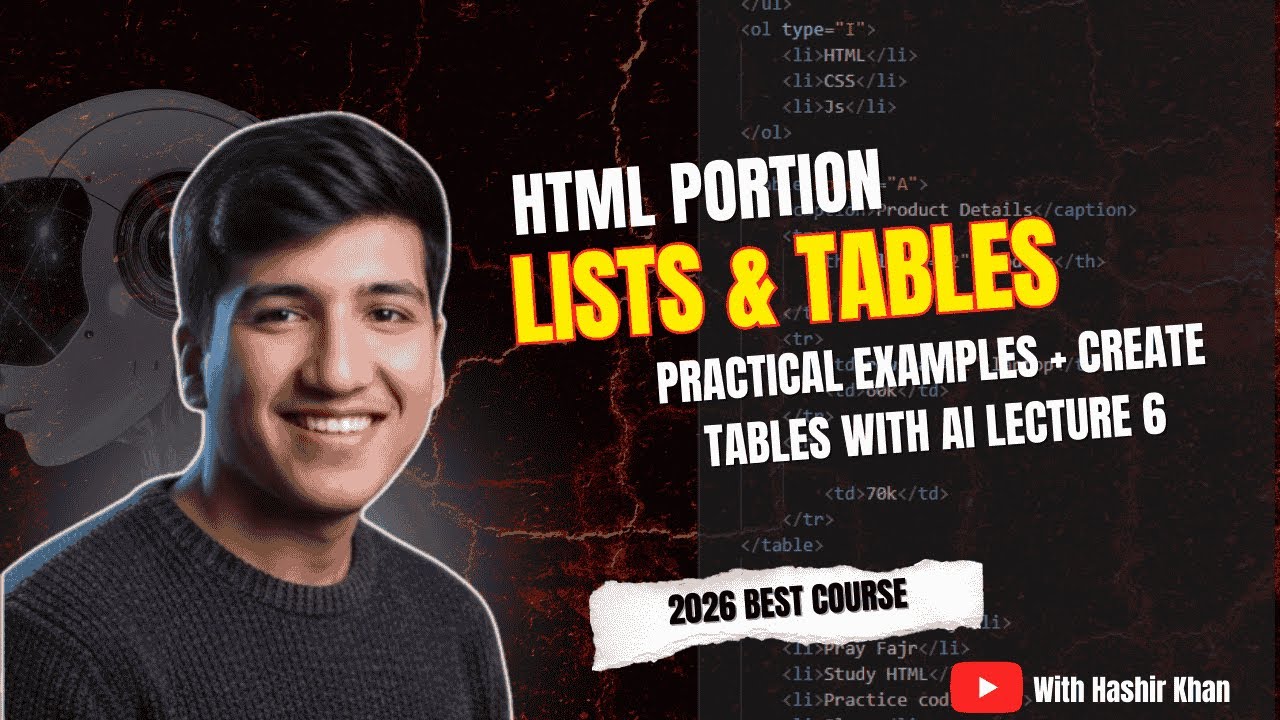 HTML Lists & Tables Tutorial Urdu Hindi | Practical Examples + Create Tables with AI | Lecture 6
