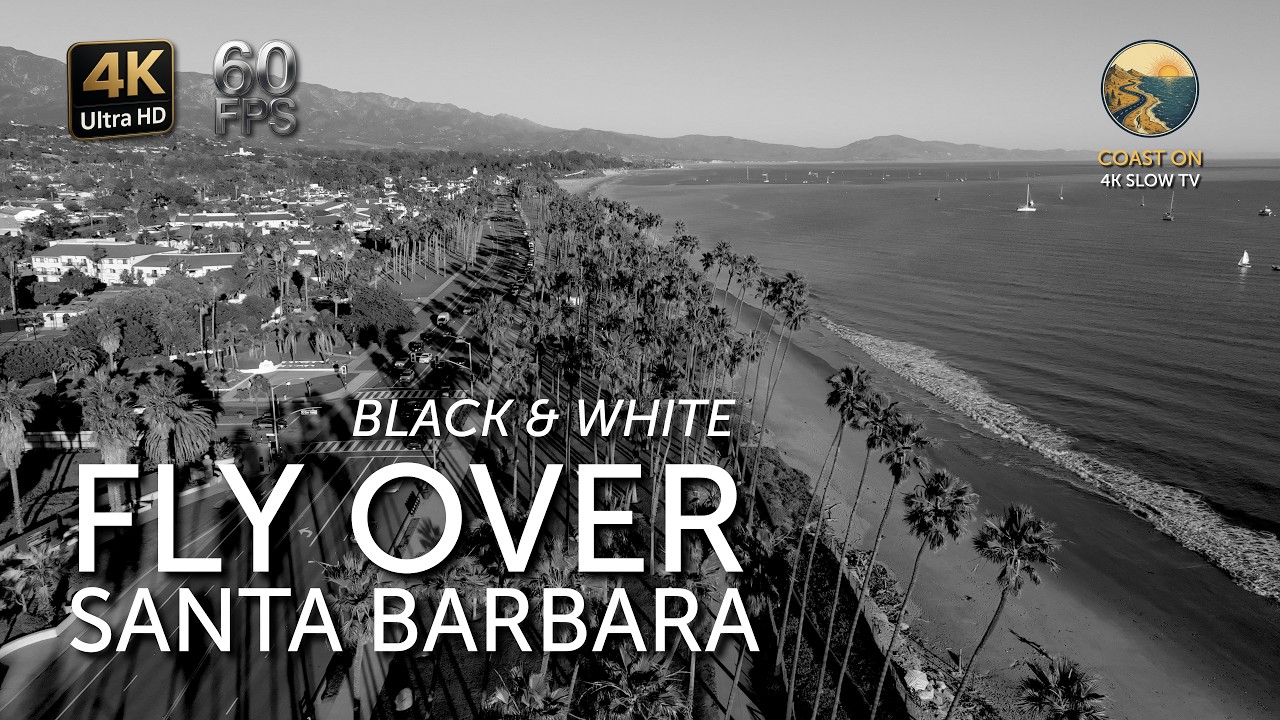 Silver Coast: Santa Barbara Noir – 4K Drone Flight Over East Beach | High-Contrast B&W Slow TV