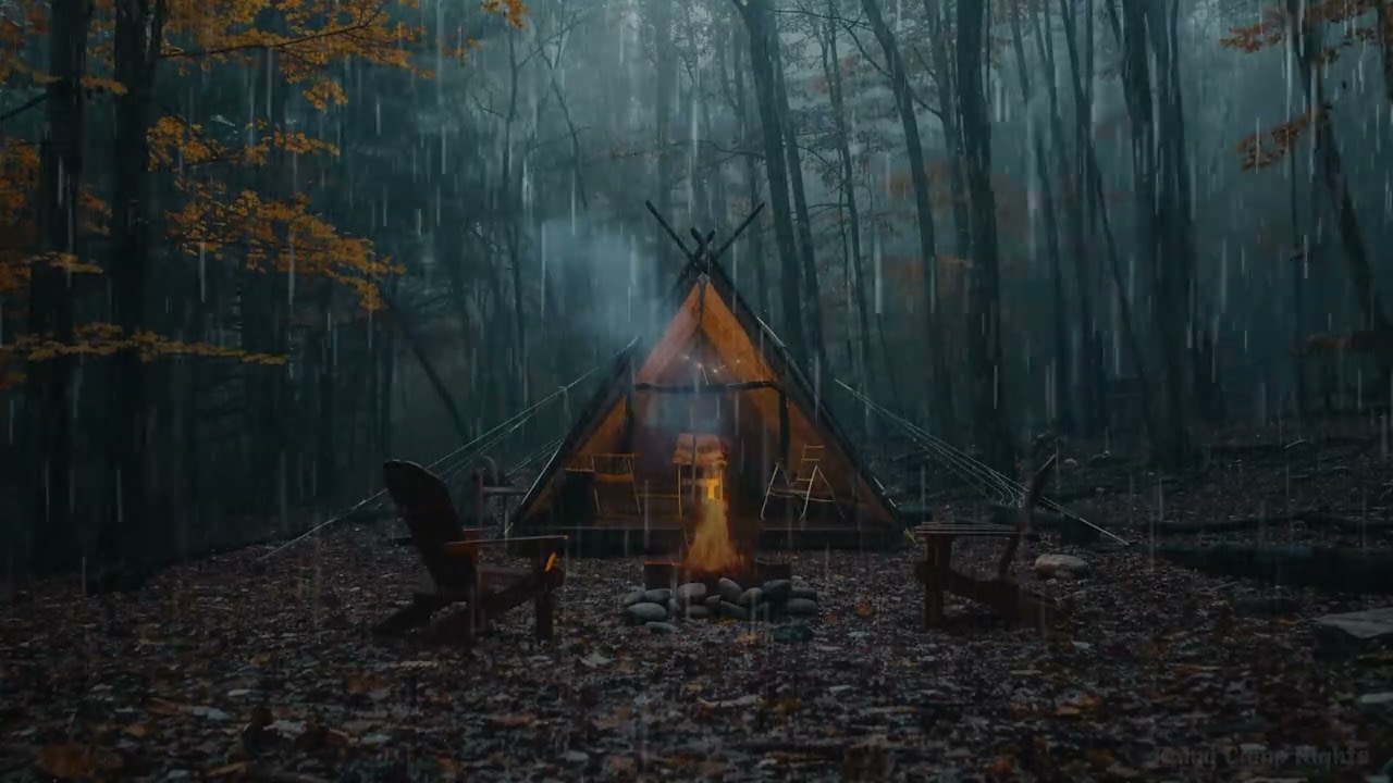Regen auf dem Zeltdach und flackerndes Feuer – Ideal für tiefe Entspannung und Achtsamkeit
