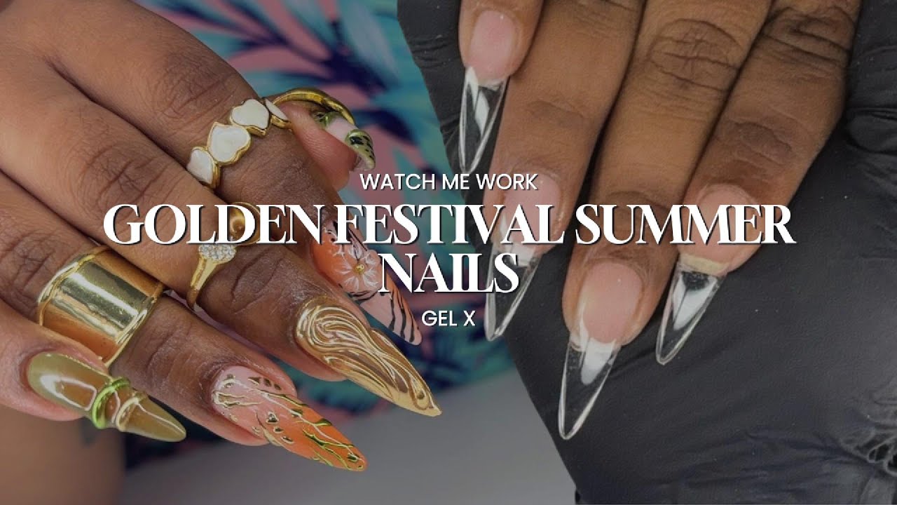 watch me work. gel x golden festival summer nails